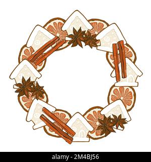 Couronne de Noël avec biscuits, cupcake, bâtons de cannelle, orange, étoile anis. Conception de l'emballage. Banque D'Images