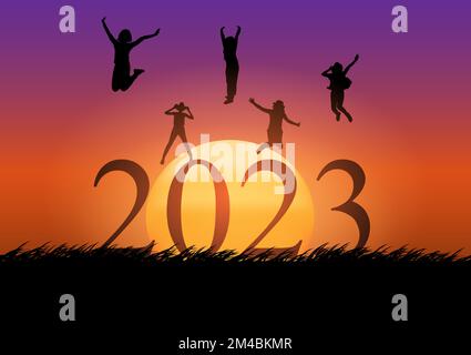 Graphique dessin silhouette numéro pour 2023 avec les gens de groupe Jump Happy nouvel an extérieur avec coucher de soleil fond vecteur illustration concept Happy New Illustration de Vecteur