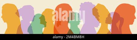 Silhouette abstraite de la tête pour femme sur fond de rangée. Multiculturel multiethnique femmes. Le féminisme est contre la discrimination sexuelle. Fille pouvoir alli Illustration de Vecteur