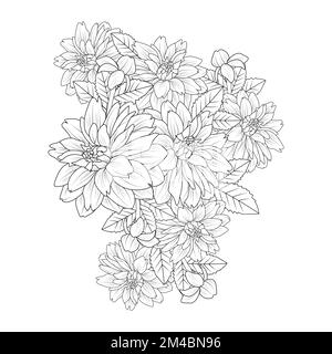 jardin dahlia fleur illustration avec trait de crayon dans l'art doodle design de coloriage page design Illustration de Vecteur