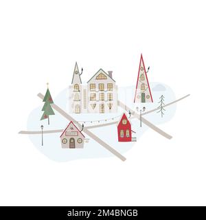 Jolie rue de Noël avec route, décoration, maisons, arbres. Illustration vectorielle pour carte, bannière Illustration de Vecteur