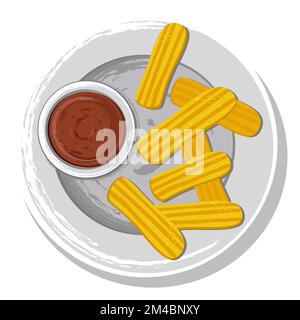 Un bâtonnet de churros sur une assiette de sauce au chocolat. Illustration de Vecteur