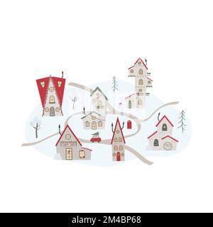 Carte de la ville de Noël avec route, voiture, décoration, maisons, arbres. Illustration vectorielle pour carte, bannière Illustration de Vecteur