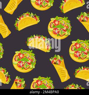 Motif sans couture avec tacos, burritos et tostadas. Illustration de Vecteur