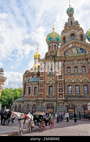 Promenades en calèche en face de l'Église de notre Sauveur sur le sang renversé avec à Saint-Pétersbourg - Russie. 24th de juin 2011 Banque D'Images