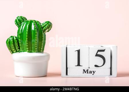 Calendrier en bois avec date 15 mai et cactus vert végétal dans un pot isolé sur fond rose. Banque D'Images