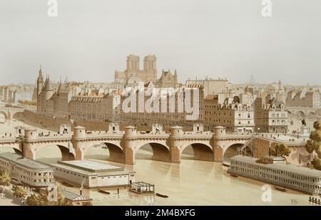 La Cité et le Pont neuf à Paris en 1840 (de gauche à droite : Pont au change, Thermes Samaritaine, concierge, rue de Harlay, Pont neuf, Quai de l'horloge, place Dauphine, Pont Saint-Michel, Statue d'Henri IV ) Banque D'Images