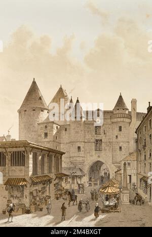 Le Grand Châtelet à Paris, vue prise de la rue St Denis en 1800 (de gauche à droite : grande boucherie, contribution de Paris, voûte passable - rue St Leufroy, fontaine) Banque D'Images