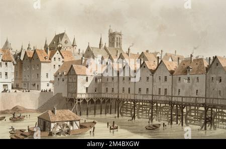 Le Grand Châtelet et le pont Meuniers à Paris en 1580 (le pont Meuniers s'est lavé sur 22 décembre 1596 à 7 heures) Banque D'Images