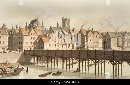 Le Grand Châtelet et le pont en bois de Paris 1621 - 1645 (le pont en bois temporaire construit en 1621 après l'incendie du pont marchand, démoli en 1645) Banque D'Images