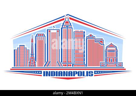Illustration vectorielle d'Indianapolis, badge horizontal avec design linéaire célèbre ville d'indianapolis paysage sur fond de ciel de jour, rouge ligne urbaine art conc Illustration de Vecteur