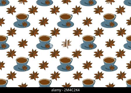 Motif Seamles avec tasses à café, épices et biscuits. Collection de Noël, illustration du dessin à la main. Banque D'Images