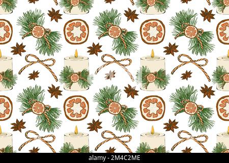 Motif de Noël sans coutures. Motif avec éléments de Noël sur fond blanc. Design pour l'emballage, le textile et la toile. Banque D'Images