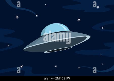 Soucoupe volante dans le ciel. Style de dessin animé. Illustration vectorielle. Illustration de Vecteur