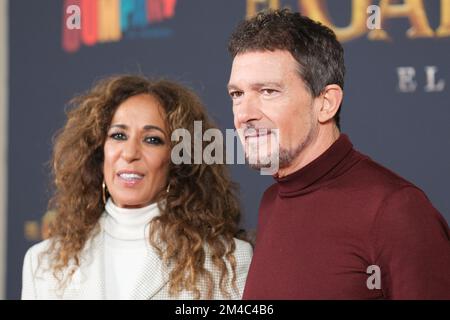 Madrid, Espagne. 20th décembre 2022. L'acteur Antonio Banderas et la chanteuse Rosario Flores assistent à la séance photo « El Gato con Botas: El Ultimo Deseo » (Puss in Boots: The Last Wish) à l'hôtel Urso de Madrid. Crédit : SOPA Images Limited/Alamy Live News Banque D'Images