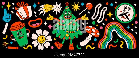 Joyeux Noël et joyeux nouvel an, lot de personnages de dessins animés rétro tendance. Stickers de Noël hippie groovy avec arbre de Noël, arc-en-ciel, Marguerite Illustration de Vecteur