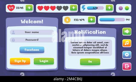 Interface utilisateur pour jeu mobile, application. Kit UI d'icônes, de barres de progression, de boutons, de fenêtres contextuelles. Menus, indicateurs et récompenses dans un jeu vidéo. Dessin animé plat Illustration de Vecteur