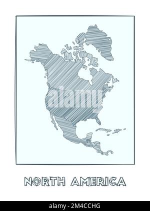Croquis de la carte de l'Amérique du Nord. Carte dessinée à la main en niveaux de gris du continent. Zones remplies de rayures hachurées. Illustration vectorielle. Illustration de Vecteur