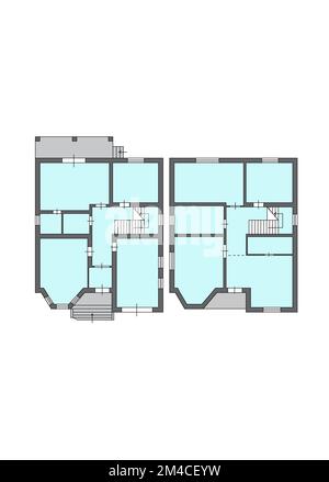 Plan de la surface de vente. plan de 2d étages. Plan d'étage noir et blanc. Maison avec intérieur, plan d'étage, plans bleus et murs colorés sur fond blanc. Banque D'Images