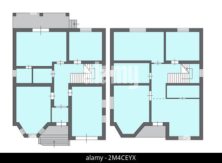 Plan de la surface de vente. plan de 2d étages. Plan d'étage noir et blanc. Maison avec intérieur, plan d'étage, plans bleus et murs colorés sur fond blanc. Banque D'Images