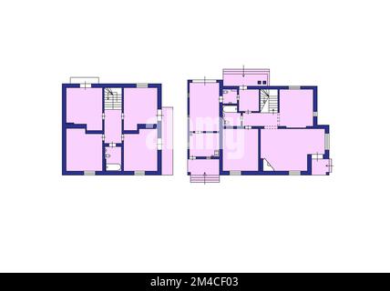 Plan de la surface de vente. plan de 2d étages. Plan d'étage noir et blanc. Maison avec intérieur, plan d'étage, plans bleus et murs colorés sur fond blanc. Banque D'Images