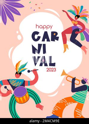 Happy Carnival, Brésil, Carnaval d'Amérique du Sud avec danseurs et musiciens de samba. Festival et Cirque de conception d'événement avec des artistes désossés drôles, des danseurs Illustration de Vecteur