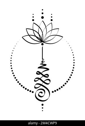 Symbole de fleur de lotus unalome, signe hindou ou ou bouddhiste représentant le chemin vers l'illumination. Icône Yantras Tattoo dessinée à la main. Encre noire et blanche simple Illustration de Vecteur