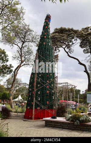 Les ouvriers ont mis la touche finale à un grand arbre de Noël synthétique installé dans un jardin de loisirs de la ville de Nakuru avant la saison des fêtes de Noël. Cette année, Noël arrive à un moment où la plupart des régions du pays ont traversé de longs mois de temps sec et de coût élevé de la vie. Banque D'Images