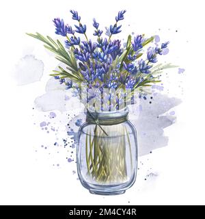Fleurs de lavande et brindilles dans un pot en verre sur un fond de taches d'aquarelle et d'éclaboussures de peinture. Illustration aquarelle. Composition à partir de Banque D'Images