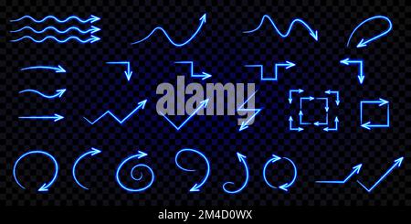 Ensemble de flèches lumineuses au néon bleu vectoriel. Indicateurs de direction lumineux. Effet de lumière. Éléments de conception infographique. Isolé sur fond transparent. Illustration de Vecteur