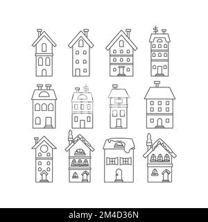 Ensemble de maisons d'hiver Line Art Illustration de Vecteur
