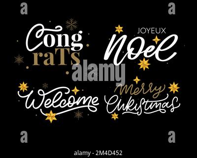 Joyeux Noël. Bonne année, typographie lettering badge emblèmes citations ensemble collection. Logo vectoriel pour carte postale, invitation, carte de vœux, Illustration de Vecteur