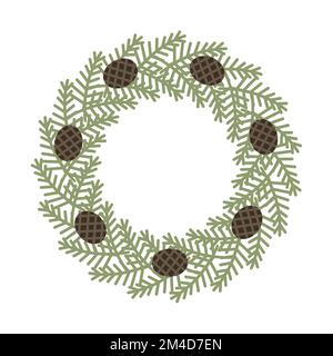 Couronne de Noël avec cônes de pin. Décoration simple de conifère vert éternel. Illustration de Vecteur