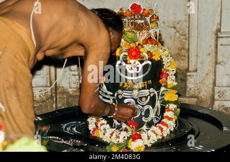 Brahmin préparant un Shiva-Lingam pour le matin Pooja Banque D'Images