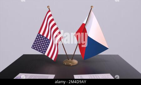 République tchèque et États-Unis à la table de négociation. Affaires et politique 3D illustration. Drapeaux nationaux, accord diplomatique. Accord international. Banque D'Images