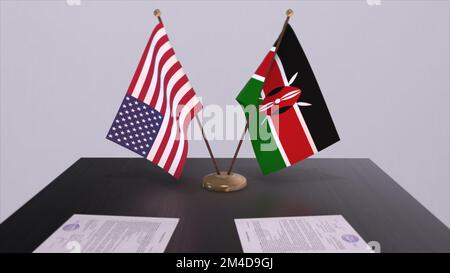 Le Kenya et les États-Unis à la table de négociation. Affaires et politique 3D illustration. Drapeaux nationaux, accord diplomatique. Accord international. Banque D'Images