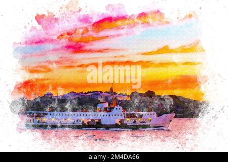 Aquarelle art Istanbul Archipel coucher de soleil, ferry pour passagers Banque D'Images