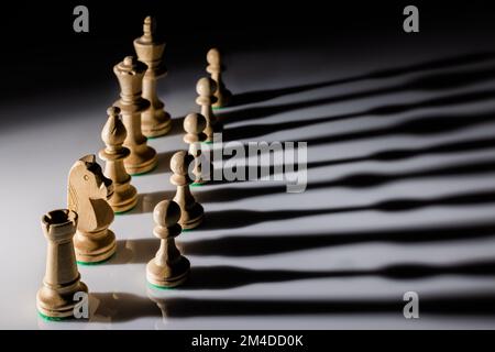 Pièces d'échecs en bois blanc avec un foyer sélectif et de l'ombre jouer sur le sol Banque D'Images