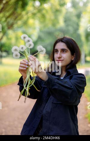 Couronne de pissenlits blancs. Instructions étape par étape. Étape 2. Femelle tenant un bouquet de fleurs blanches aérées de pissenlit. Photo de haute qualité Banque D'Images