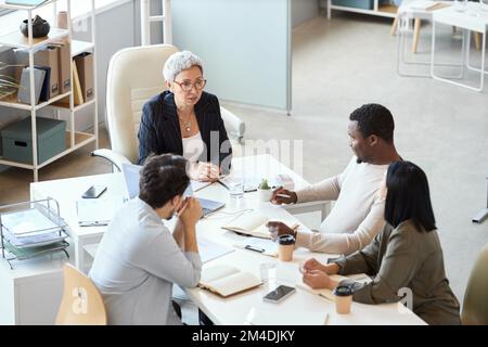 Vue en grand angle d'une femme d'affaires mature qui dirige une réunion avec des collègues et des employés au bureau Banque D'Images