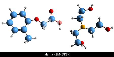 3D image de la formule squelettique Hydroxyéthylammonium méthylphénoxyacétate - structure chimique moléculaire de l'adaptogène synthétique isolé sur le dos blanc Banque D'Images