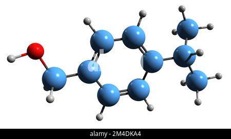 3D image de la formule squelettique à l'alcool 4-isopropylbenzyle - structure chimique moléculaire du monoterpénoïde p-menthane isolé sur fond blanc Banque D'Images