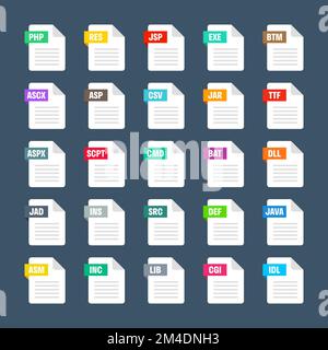 Formats de fichiers système courants. Types et extensions de document. Collection d'icônes de style plat. Pictogramme de document, élément interface utilisateur de conception Web, modèle. Ordinateur Illustration de Vecteur