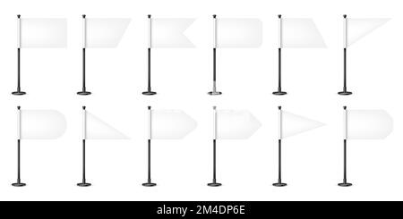 Différents indicateurs de table réalistes sur une tige en acier. Drapeau blanc blanc vierge en papier ou en tissu. Support en métal noir. Maquette pour la promotion et la publicité Illustration de Vecteur