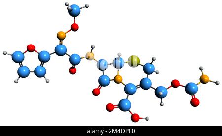 3D image de la formule du squelette de Céfuroxime fosamil - structure chimique moléculaire de l'antibiotique de céphalosporine isolé sur fond blanc Banque D'Images