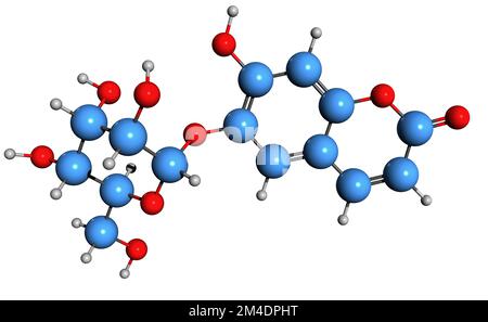 3D image de la formule squelettique de l'Aesculine - structure chimique moléculaire du glucoside de coumarine isolé sur fond blanc Banque D'Images