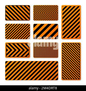 Divers panneaux d'avertissement noirs et orange avec lignes diagonales. Panneau attention, danger ou attention, signalisation du chantier. Panneau de signalisation réaliste Illustration de Vecteur
