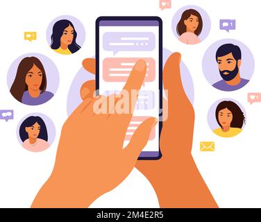 Recommandez un concept d'ami avec des mains de dessin animé tenant un téléphone avec une liste de contacts d'amis. Bannière de stratégie de marketing de référence, modèle de page d'arrivée Illustration de Vecteur