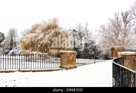 Pont couvert de neige au-dessus du lac à Verulamium Park, St. Albans, Hertfordshire, Royaume-Uni, décembre 2022 Banque D'Images