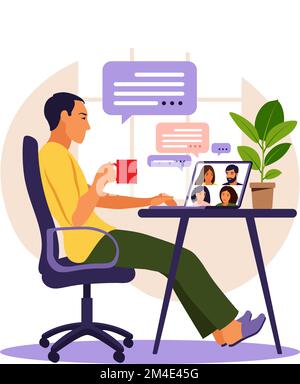 Homme utilisant l'ordinateur pour une réunion virtuelle collective et une vidéoconférence de groupe. Homme sur le bureau discutant avec des amis en ligne. Vidéoconférence, à distance Illustration de Vecteur